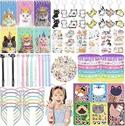 134Pcs Cat Party Favors Set for Kids Cat Themed Birthday Party Supplies With Cat Headband Keychains Tattoo Cat DIY Face Stickers Spiral Notepads Pens Silicone Bracelets Cat Favors for Girls Kids Party