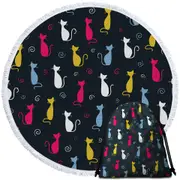 White Yellow Blue Pink Cats Round Beach Towel