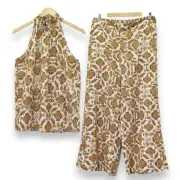 NWT Nicole Miller Linen Blend Pant Set Retro Floral Print Brown Cream Size Large