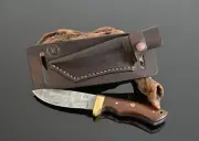 Damascus Fixed Blade Knife with Horizontal Leather Belt Sheath