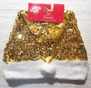 Gold Sequin Santa Hat Cap Sparkle Shine Plush Trim Edge & Pom-Pom Adult Unisex