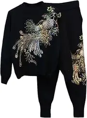 [UIOKLMJH] Autumn Velvet Thick Two Piece Sets Women Black Work Beaded Sequin Tracksuit Women Pullover + Harem Pants Outfits