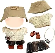 17cm Doll Clothes Compatible with Labubu Dolls, Cute Casual Doll Clothes Accessories Set with 1 Apricot Knitted Top 1 Checkered Skirt 1 Hat 1 Camera Charm 1 Shoes for Girls Birthday Gift, No Doll
