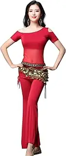 [Legou] Women's Modal Belly Dance Set L 3-Piece(Top+Pants+Hip Scarf) Short Sleeve Wine Red