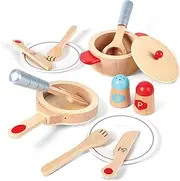 Hape 13-Piece Cook & Serve Wooden Playset | Kids Pretend Kitchen Cooking Toy with Pots, Pans, Food & Utensils | Role Play Chef Set for Toddlers & Children 3Y+, Safe & Durable