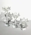 CRYSTAL GLASS LOTUS FLOWER W/ RHINESTONE FILLED STEM CANDLE HOLDER SET (NEW)