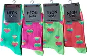 [Generic] Fashion Stripe Hearts Design Girls Neon Socks Over the Knee Ankle Socks Size UK 4/6 (Eu 35/38) - ASSORTED one pair will be supplied at random, Multicolor, 5-6.5 US