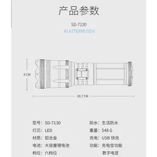 微笑鯊正品 SD7130 強光手電筒 2合1雙光源超亮手電筒 Type-C充電防水變焦家用應急戶外露營遠足狩獵帶電量顯示