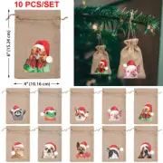 Set of 10 Christmas Linen Bags with Drawstrings Treat Candy Bag Burlap Gift Bags