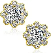 [Street Knitted] Small Brilliant 925 Sterling Silver 14K Yellow Gold Plated Flower Cluster Round Halo Unisex Iced Cz Hip Hop Hypoallergenic Men's Women's Circle Screw Back Cubic Zirconia Stud Earrings, Medium,