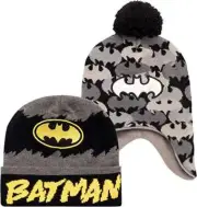 DC Comics Boys Batman Winter Hat - 2 Pack Pom Pom Beanie with Ear Flaps, Age 4-7
