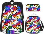 [StOlmx] 3 Pcs Set Backpack,Waterproof Bookbag, Insulated Lunch Bag & Pencil Case Pouch, Travel,Hiking,Sky Universe Space Print, Rainbow Colored Gay Pride Hearts, One Size