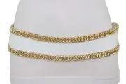 Women White Faux Leather Elastic Band Fashion Wide Belt Gold Metal Chain Link S
