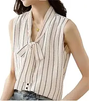 [Generic] Women Stripe Shirts Sleeveless Tank Tops Shirt Chiffon Female Basic Lace Up Bow Polka Dot Blouse