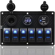 FXC Waterproof Marine Boat Rocker Switch Panel 6 Gang with Dual USB Slot Socket + Cigarette Lighter + Digital Voltage Display LED Light for Car Rv Vehicles Truck