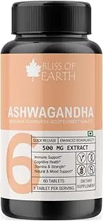 Ashwagandha Supplement, High Potency Ashwagandha Root Extract Tablets, 500mg With Quick Release & Enhanced Bioavailability, Stress Relief, Memory, Focus, and Immune Support, 60 Tablets