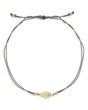 Zoe Chicco 14K Yellow Gold Midi Bitty Diamond Hamsa Gray Silk Cord Bracelet