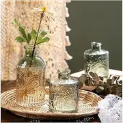 [WILDMOS] Glass Bud Vase Set of 3, Small Flower Vases for Decorative, Gradient Glass and Embossed Style Mini Glass Bottles for Home Decor, Vintage Glass Bottles for Centerpiece 3.3"-5.2''H(Green)