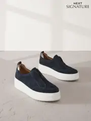 Navy Slip On Signature Forever Comfort® Leather Chunky Wedge Platform Trainers (AV8803) | $98
