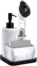 ZCCZ White Soap Dispenser with Sponge Holder, Kitchen Soap Dispenser Pump, Sponge Caddy and Brush Holder 3 in 1 Set Organizer for Sink Countertop, Removable Tray, Marble Look