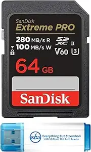 SanDisk UHS-II 64GB Extreme Pro SDXC Memory Card 280MB/s Read Speed V60 Class 10 Card for Photo and Video (SDSDXEP-064G-GN4IN) Bundle with 1 Everything But Stromboli 3.0 Micro & SD Card Reader