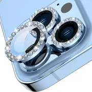 For Apple iPhone 14 Plus /15 Plus Metal Individual Ring Cover Tempered Glass Diamond Camera Lens Protector (Sky Blue)