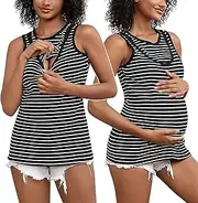 [Bhome] Maternity Nursing Tops for Breastfeeding Sleeveless Ribbed Knit Striped Shirts Lactation and Maternity Clothes