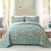 Travan 3-Piece Bedspread Quilt Set Oversized Reversible Quilted Bedding Cotton Coverlet Set with Shams, Gorgeous Green-Pink Floral Pattern, Queen Size