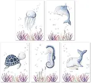Children's Picture Set Sea Animals Dolphin Turtle Whale Poster Nursery Wall Decoration Baby Room Decoration Wall Pictures Boy Girl Gift Idea Affirmation Poster Set DIN A4 (without Frame)
