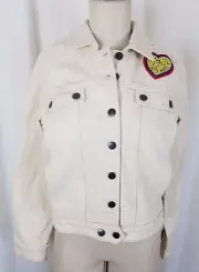 Anthropologie Maison Labiche Embroidered Heart Denim Jean Jacket Womens M Patch