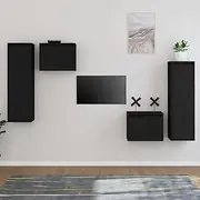 Black Solid Pine Wood TV Cabinets, 4-Piece Floating Wall Mounted Entertainment Center Unit for Living Room Storage