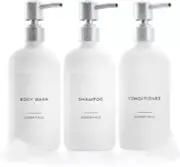 Stylish Shampoo & Conditioner Dispenser Modern 21Oz Shower Soap Bottles 3Pack Wh