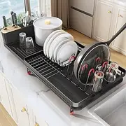 Dish Drying Rack, Expandable Dish Racks for Kitchen Counter, 16.5" to 27" Extendable Multifunctional Extra Large Dish Strainers with Cutlery & Pan Holders, Anti-Rust Dish Drainers with Drainboard
