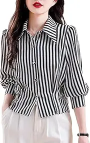 [Generic] Women Striped Long Sleeve Button Down Shirts Fashion Vintage Loose Korean Style Shirt Chiffon Blouses