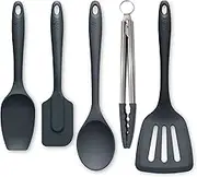 Zeal JSET45T Non-Stick Silicone Cooking Tongs, Turner, Spatula Spoon & Cook Spoon 5-Piece Set-Dark Grey