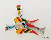 Cute Multicolor Turquoise Onyx Malachite Inlay .925 Silver Humming bird Pendant