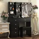 Dressing Table Stool Set With LED Lighted Mirror And 6 Drawers Black Makeup Desk