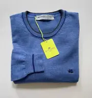New ETRO Men's Sweater XL size Crew Neck Pullover Light Blue Wool Knit Jumper