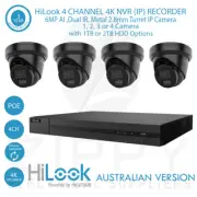HiLook 4 Channel 4K NVR+6MP Smart 2.8mm AI, Dual IR Black Turret Cameras & HDD