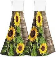 FFYHO 2pcs Sunflowers Autumn Fall Hanging Kitchen Towel Vintage Flowers On Board Soft Coral Velvet Hand Towels Loop for Bathroom Washcloth Absorbent Tie Towel
