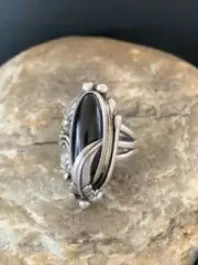 Women Black Onyx Navajo Sterling Silver Inlay Ring Size 7 10797