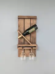 Wall Mount Wooden Wine Rack - Amish Made 1 Bottle Holder with Glass Hanger