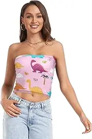 [RPLIFE] Colorful Dinosaurs Pink Womens Tube Top Strapless Tank Top, Sheer Tube Tops, Sexy Tube Tops (S)