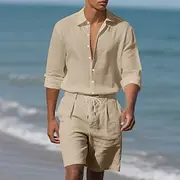 Men's T-shirt Suits 2 Pieces Outfits Tee Shorts Long Sleeve Lapel Summer Plain Fashion Casual 2 Piece Vacation Daily Wear Going out Black White khaki Top Tee