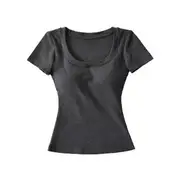 Short-Sleeve Scoop Neck Padded Slim Fit Tee Dark Gray - M