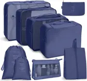9 Set Packing Cubes with Shoe Bag Travel Luggage Organizer for Suitcase Clothes Storage Bag,Navy