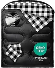 MEREZA Flannel Double Sleeping Bag for Adults Cold Weather, XL Queen Size Sleeping Bag for All Season 2 Person Big and Tall Sleeping Bags for Camping 0 Degree with Pillow