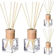 Roshtia 4 Set Reed Diffuser Bottle Empty Refillable Fragrance Glass Diffuser Bottles with Wooden Caps Rattan Sticks 50ml 1.7 oz Glass Jars for DIY Fragrance