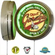 16" Dads Garage If It's Broke Call Dad Green Neon Wall Clock Garage Man Cave