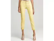 $169 7 For All Mankind Cropped Skinny Bright Yellow Luster Shimmer Jeans 32